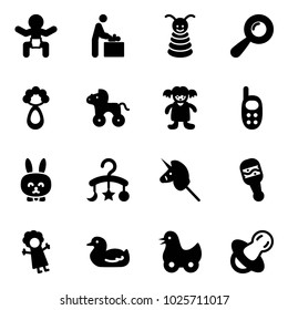 Solid vector icon set - baby vector, room, pyramid toy, beanbag, wheel horse, doll, phone, rabbit, carousel, unicorn stick, duck, soother