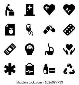 Solid vector icon set - baby room vector, first aid, heart, pulse, diet list, drop counter, pills, blister, medical patch, mri, stomach, care, ambulance star, clipboard, uv cream, recycling