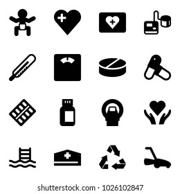 Solid vector icon set - baby vector, heart, first aid kit, tonometer, thermometer, floor scales, pill, pills, blister, bottle, mri, care, pool, doctor hat, recycling, lawn mower