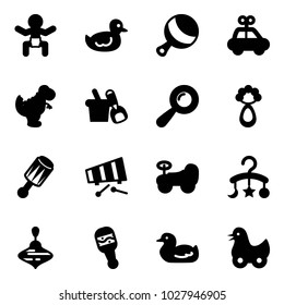 Solid vector icon set - baby vector, duck toy, beanbag, car, dinosaur, shovel bucket, xylophone, carousel, wirligig