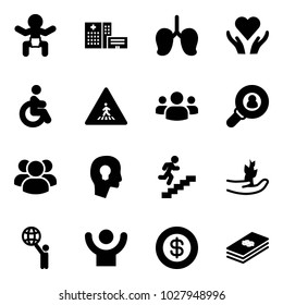 Solid vector icon set - baby vector, hospital building, lungs, heart care, disabled, pedestrian road sign, group, head hunter, bulb, career, hand sproute, world, success, dollar