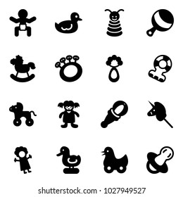 Solid vector icon set - baby vector, duck toy, pyramid, beanbag, rocking horse, teethers, wheel, doll, unicorn stick, soother