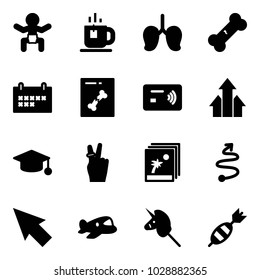 Solid vector icon set - baby vector, tea, lungs, broken bone, schedule, x ray, tap pay, arrows up, graduate hat, victory, photo, trip, cursor, plane toy, unicorn stick, dart