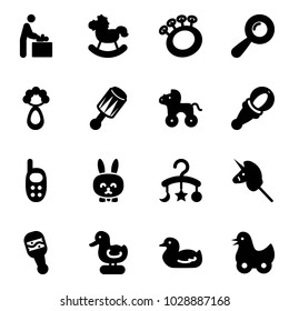 Solid vector icon set - baby room vector, rocking horse, beanbag, wheel, phone toy, rabbit, carousel, unicorn stick, duck