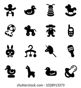 Solid vector icon set - baby vector, duck toy, pyramid, rocking horse, teethers, wheel, doll, phone, rabbit, carousel, unicorn stick, beanbag, giraffe, soother