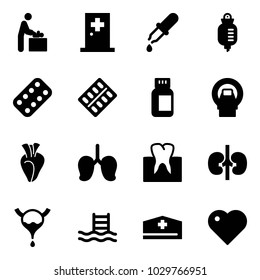 Solid vector icon set - baby room vector, first aid, pipette, drop counter, pills blister, bottle, mri, heart, lungs, tooth, kidneys, bladder, pool, doctor hat