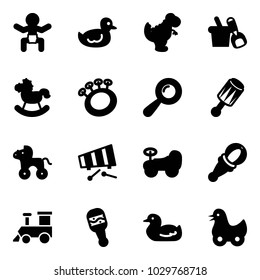 Solid vector icon set - baby vector, duck toy, dinosaur, shovel bucket, rocking horse, beanbag, wheel, xylophone, car, train