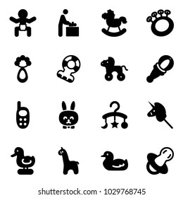 Solid vector icon set - baby vector, room, rocking horse, beanbag, teethers, wheel, phone toy, rabbit, carousel, unicorn stick, duck, giraffe, soother