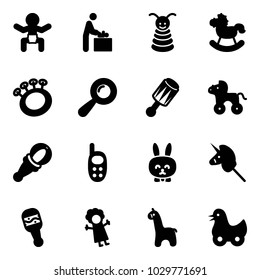 Solid vector icon set - baby vector, room, pyramid toy, rocking horse, beanbag, wheel, phone, rabbit, unicorn stick, doll, giraffe, duck