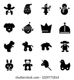 Solid vector icon set - baby vector, santa claus, snowman, dog, christmas elf, crown, dinosaur toy, wheel horse, elephant, doll, rabbit, bear, unicorn stick, duck