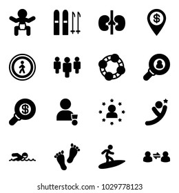 Solid vector icon set - baby vector, ski, kidneys, dollar pin, no pedestrian road sign, group, friends, head hunter, search money, winner, star man, flying, swimming, feet, surfing