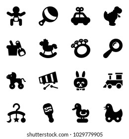 Solid vector icon set - baby vector, beanbag, car toy, dinosaur, shovel bucket, rocking horse, wheel, xylophone, rabbit, train, carousel, duck