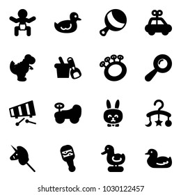 Solid vector icon set - baby vector, duck toy, beanbag, car, dinosaur, shovel bucket, xylophone, rabbit, carousel, unicorn stick