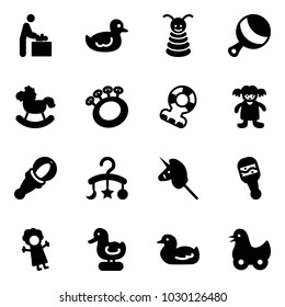 Solid vector icon set - baby room vector, duck toy, pyramid, beanbag, rocking horse, teethers, doll, carousel, unicorn stick