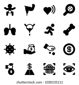 Solid vector icon set - baby vector, power hand, heart beat, bacteria, lungs, bladder, run, broken bone, virus, investment, dollar, rich, fingerprint scanner, eye