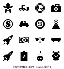 Solid vector icon set - baby vector, fork loader, no trailer road sign, camera, dollar, car, rocket, money, dragonfly, skateboard, battery, yoyo, toy monster