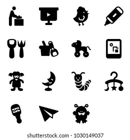 Solid vector icon set - baby room vector, presentation board, chicken toy, marker, shovel fork, bucket, wheel horse, game console, doll, moon lamp, caterpillar, carousel, beanbag, paper plane