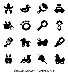 Solid vector icon set - baby vector, duck toy, beanbag, car, shovel bucket, wheel horse, rabbit, train, unicorn stick