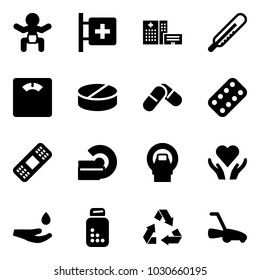Solid vector icon set - baby vector, first aid room, hospital building, thermometer, floor scales, pill, pills, blister, medical patch, mri, heart care, drop hand, bottle, recycling, lawn mower