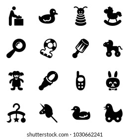 Solid vector icon set - baby room vector, duck toy, pyramid, rocking horse, beanbag, teethers, wheel, doll, phone, rabbit, carousel, unicorn stick