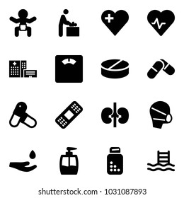 Solid vector icon set - baby vector, room, heart, pulse, hospital building, floor scales, pill, pills, medical patch, kidneys, mask, drop hand, liquid soap, bottle, pool