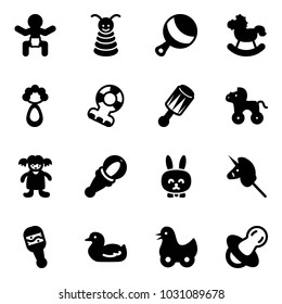 Solid vector icon set - baby vector, pyramid toy, beanbag, rocking horse, teethers, wheel, doll, rabbit, unicorn stick, duck, soother