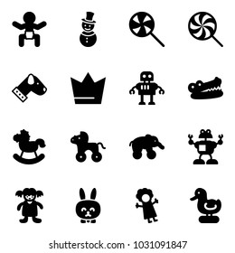 Solid vector icon set - baby vector, snowman, lollipop, dog, crown, robot, crocodile, rocking horse, wheel, elephant, doll, toy rabbit, duck