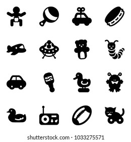 Solid vector icon set - baby vector, beanbag, car toy, tambourine, plane, ufo, bear, caterpillar, duck, monster, radio, football, cat