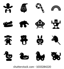 Solid vector icon set - baby vector, santa claus, lollipop, rainbow, crocodile, elephant wheel, ufo toy, robot, doll, bear, rabbit, unicorn stick, duck, cat