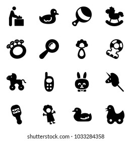 Solid vector icon set - baby room vector, duck toy, beanbag, rocking horse, teethers, wheel, phone, rabbit, unicorn stick, doll