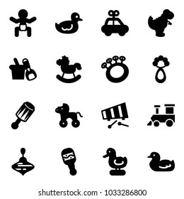 Solid vector icon set - baby vector, duck toy, car, dinosaur, shovel bucket, rocking horse, beanbag, wheel, xylophone, train, wirligig