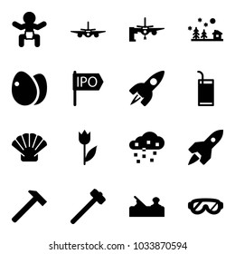 Solid vector icon set - baby vector, plane, boarding passengers, christmas landscape, eggs, ipo, rocket, drink, shell, tulip, snow, hammer, sledgehammer, jointer, protective glasses