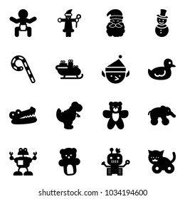 Solid vector icon set - baby vector, santa claus, snowman, lollipop, sleigh, christmas elf, duck toy, crocodile, dinosaur, bear, elephant wheel, robot, cat