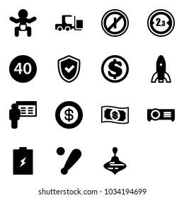 Solid vector icon set - baby vector, fork loader, no parkin odd, limited width road sign, minimal speed limit, shield check, dollar, rocket, presentation, money, projector, battery, baseball bat