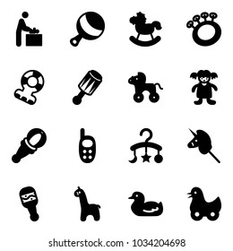 Solid vector icon set - baby room vector, beanbag, rocking horse, teethers, wheel, doll, phone toy, carousel, unicorn stick, giraffe, duck