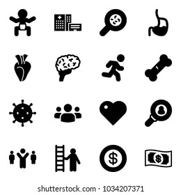 Solid vector icon set - baby vector, hospital building, bacteria, stomach, heart, brain, run, broken bone, virus, group, head hunter, team leader, opportunity, dollar, money