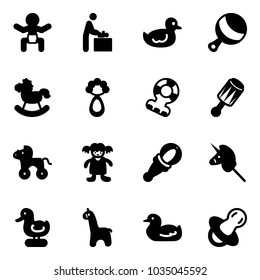 Solid vector icon set - baby vector, room, duck toy, beanbag, rocking horse, teethers, wheel, doll, unicorn stick, giraffe, soother