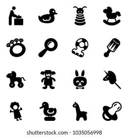 Solid vector icon set - baby room vector, duck toy, pyramid, rocking horse, beanbag, teethers, wheel, doll, rabbit, unicorn stick, giraffe, soother