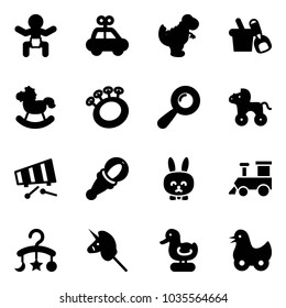 Solid vector icon set - baby vector, car toy, dinosaur, shovel bucket, rocking horse, beanbag, wheel, xylophone, rabbit, train, carousel, unicorn stick, duck