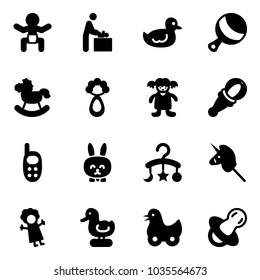 Solid vector icon set - baby vector, room, duck toy, beanbag, rocking horse, doll, phone, rabbit, carousel, unicorn stick, soother