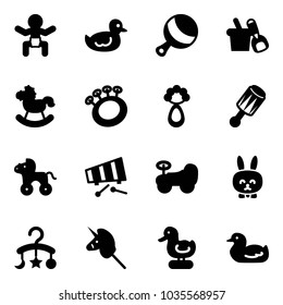 Solid vector icon set - baby vector, duck toy, beanbag, shovel bucket, rocking horse, wheel, xylophone, car, rabbit, carousel, unicorn stick
