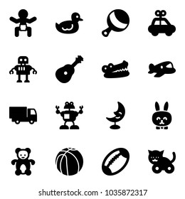 Solid vector icon set - baby vector, duck toy, beanbag, car, robot, guitar, crocodile, plane, truck, moon lamp, rabbit, bear, basketball, football, cat