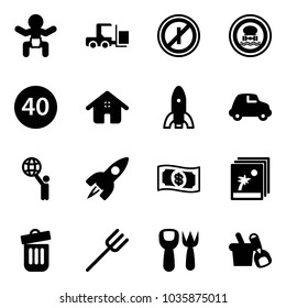 Solid vector icon set - baby vector, fork loader, no parkin odd, dangerous cargo road sign, minimal speed limit, home, rocket, car, world, money, photo, trash bin, farm, shovel toy, bucket