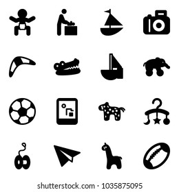 Solid vector icon set - baby vector, room, sailboat toy, camera, boomerang, crocodile, elephant wheel, soccer ball, game console, horse, carousel, yoyo, paper plane, giraffe, football