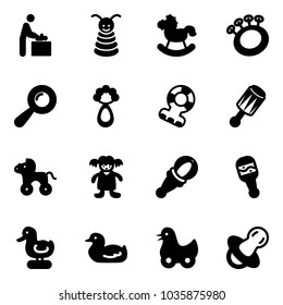 Solid vector icon set - baby room vector, pyramid toy, rocking horse, beanbag, teethers, wheel, doll, duck, soother