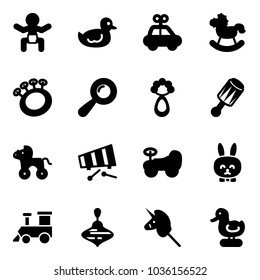 Solid vector icon set - baby vector, duck toy, car, rocking horse, beanbag, wheel, xylophone, rabbit, train, wirligig, unicorn stick