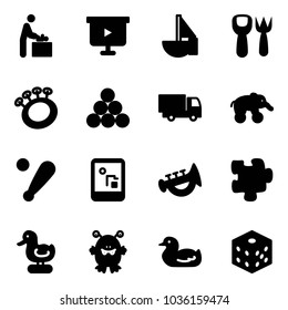 Solid vector icon set - baby room vector, presentation board, sailboat toy, shovel fork, beanbag, billiards balls, truck, elephant wheel, baseball bat, game console, horn, puzzle, duck, monster