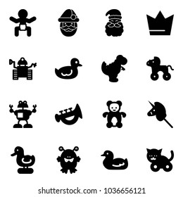 Solid vector icon set - baby vector, santa claus, crown, robot, duck toy, dinosaur, wheel horse, horn, bear, unicorn stick, monster, cat