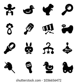 Solid vector icon set - baby vector, duck toy, dinosaur, beanbag, xylophone, car, rabbit, carousel, wirligig, unicorn stick
