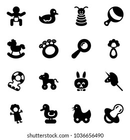 Solid vector icon set - baby vector, duck toy, pyramid, beanbag, rocking horse, teethers, wheel, rabbit, unicorn stick, doll, soother